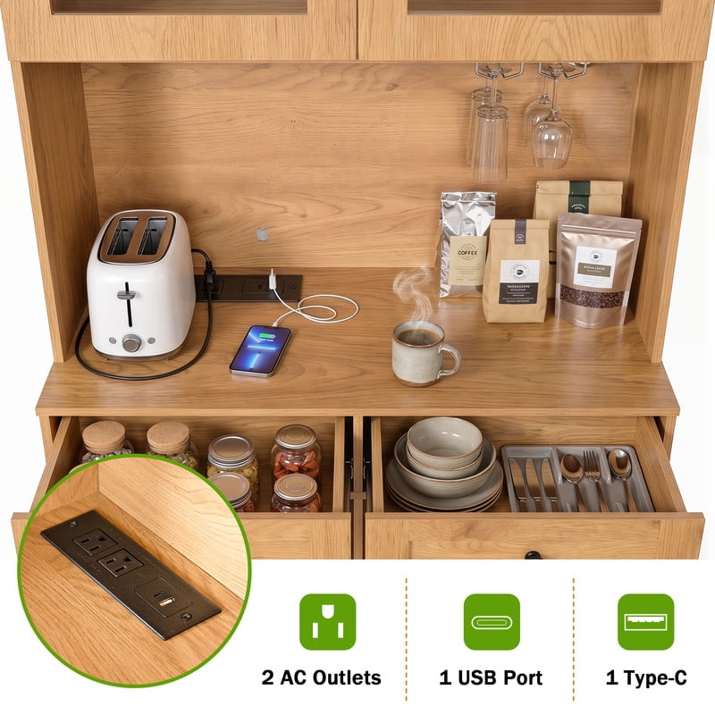 Farmhouse Arched Kitchen Storage Pantry with Charging Station on Open Countertop, Coffee Bar Cabinet with Adjustable Shelf