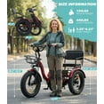thumbnail image 2 of Broobey Pre- assembled 85% Two Seater Electric Tricycle 7 Speed 3 Wheel Electric Bicycle with 48V 20Ah Lithium Battery 500W Motor Max 15MPH Electric Tricycle for Adults with Rear Basket Red, 2 of 10