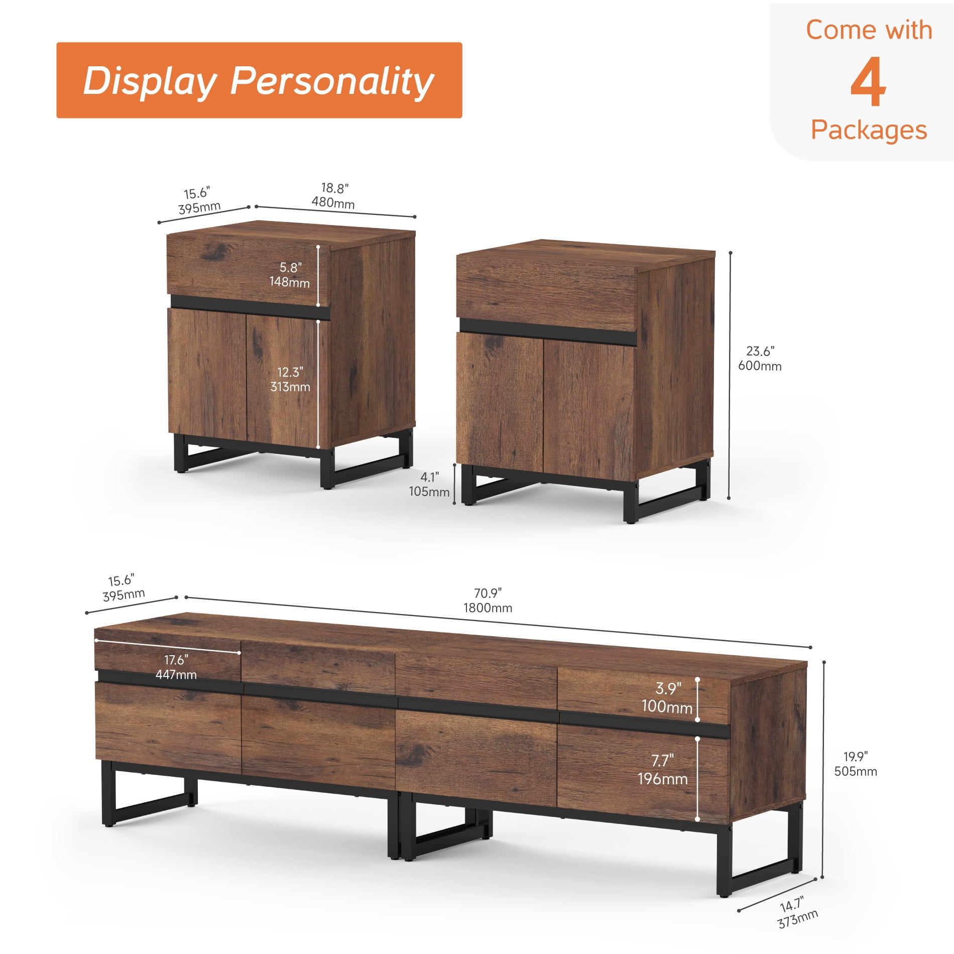 Modern 3-Piece Living Room Set, 71 Inch TV Stand And 2 End Table Sets With Drawers, Media Console with Storage Shelves, Sturdy Wood Frame & Metal Legs, Contemporary Furniture for Living Room,Brown