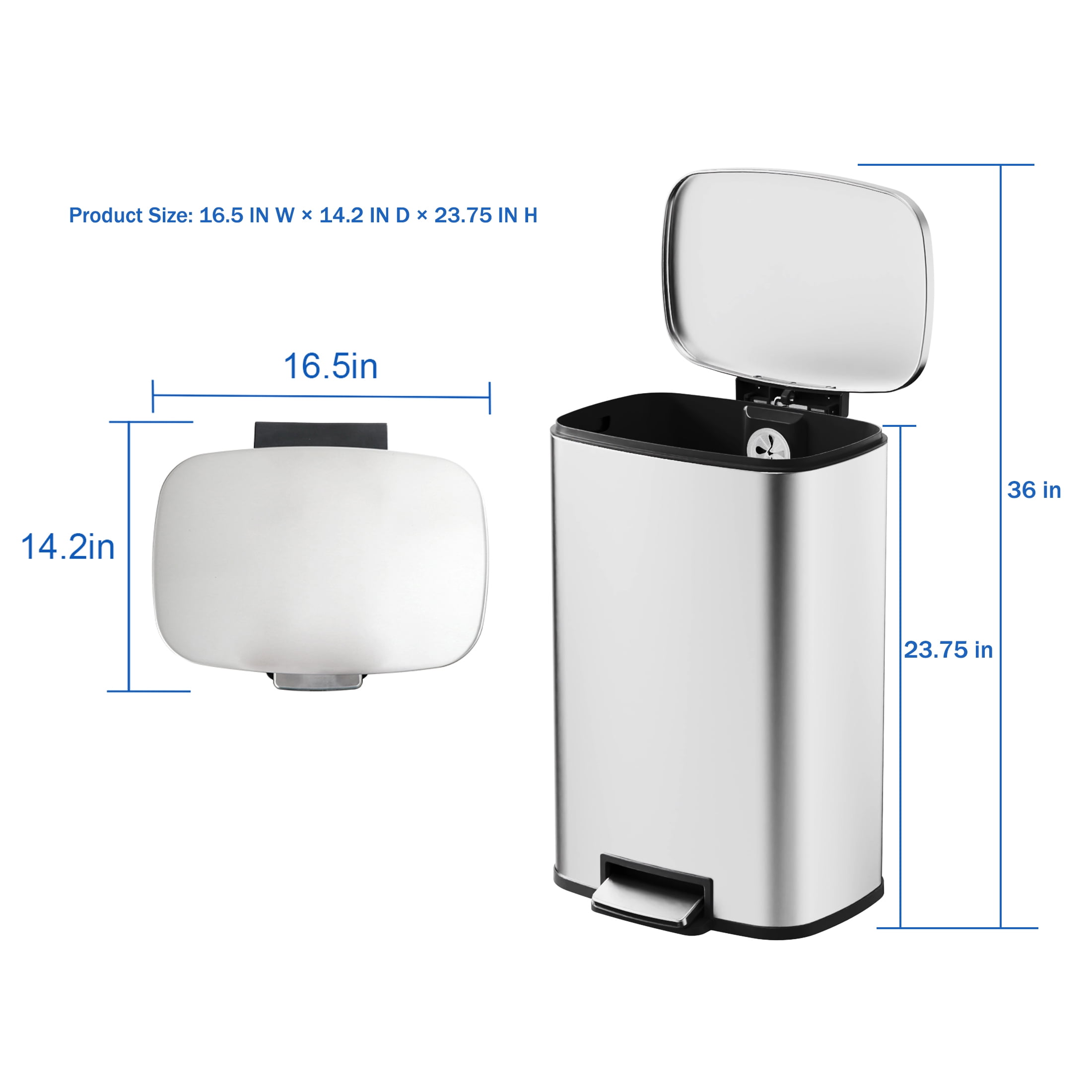 Simplykleen Kitchen Trash Can, 13.2 Gallon Stainless Steel Step-On Rectangle Garbage Bin with Soft Close Lid, Fingerprint Resistant, Silver