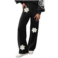 thumbnail image 2 of WHLBF UTTOASFAY Womens Pants Embroidered Knit High Waist Straight Leg Pants Cozy Lounge Pants with Elastic Waist Casual Pull-On Trousers Black S, 2 of 6