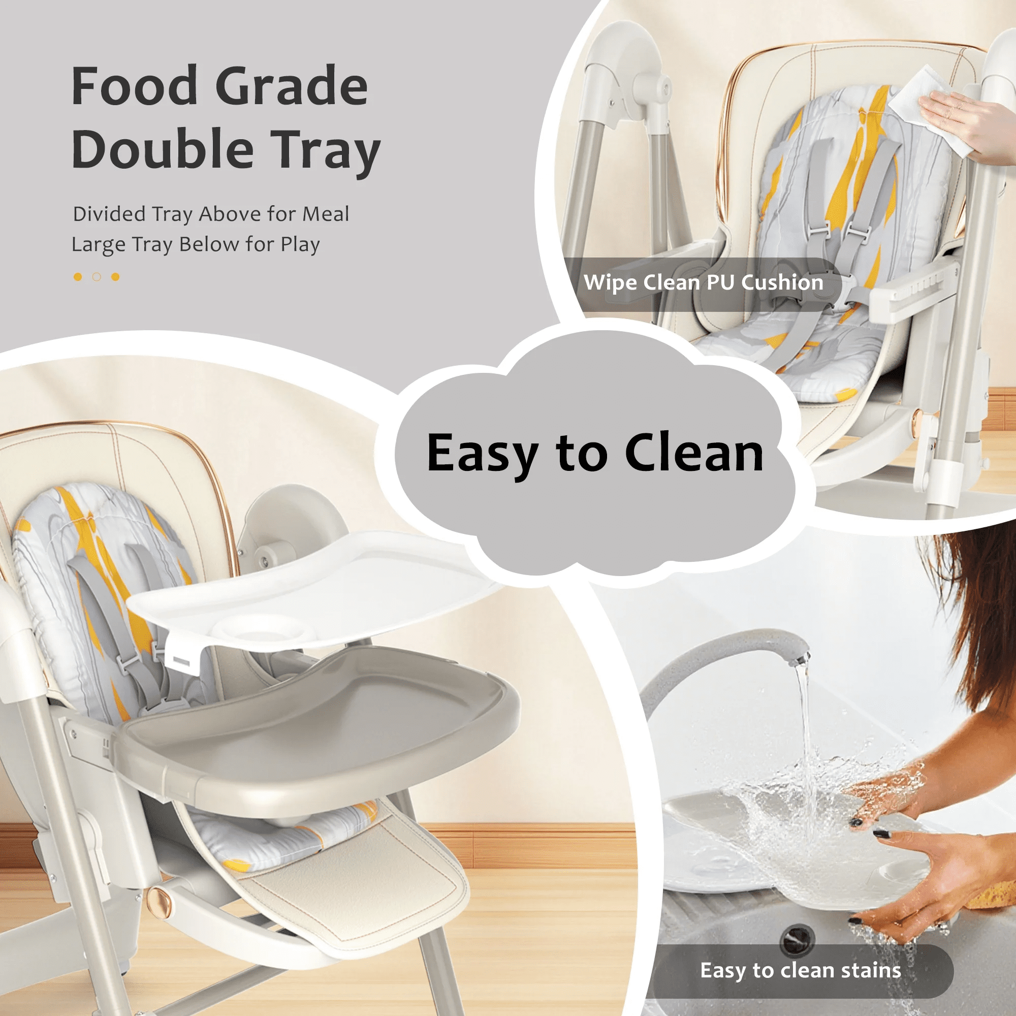 TouHeart Baby High Chair Swing Combo, 3-in-1 Convertible Highchair for Babies and Toddlers with Wheels, Beige