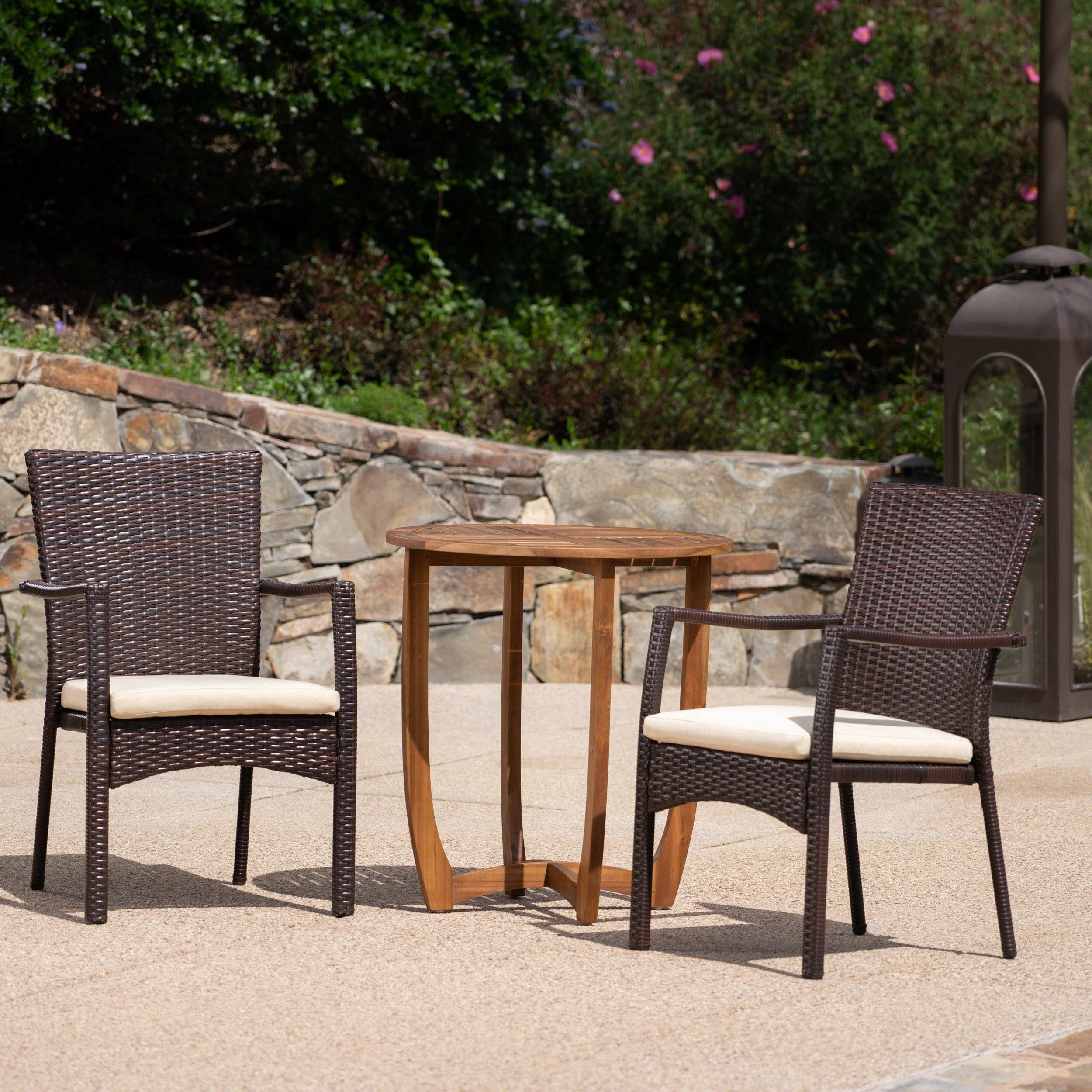 Outdoor 3 Piece Acacia Wood/ Wicker Bistro Set with Cushions, Teak,Brown,Crme