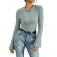 thumbnail image 7 of Lenpel Women's T-Shirts Bell Long Sleeve Crew Neck Ruffle Trim Slim Ribbed Knit Tops Brushed Fleece Tee Blouses(Mint Green,Small), 7 of 7