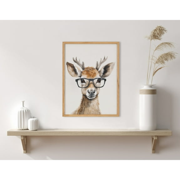 Kate and Laurel Cute Deer Wearing Glasses Framed Wall Art by The Creative Bunch Studio, 12x16 Natural, Adorable Animal Art for Wall