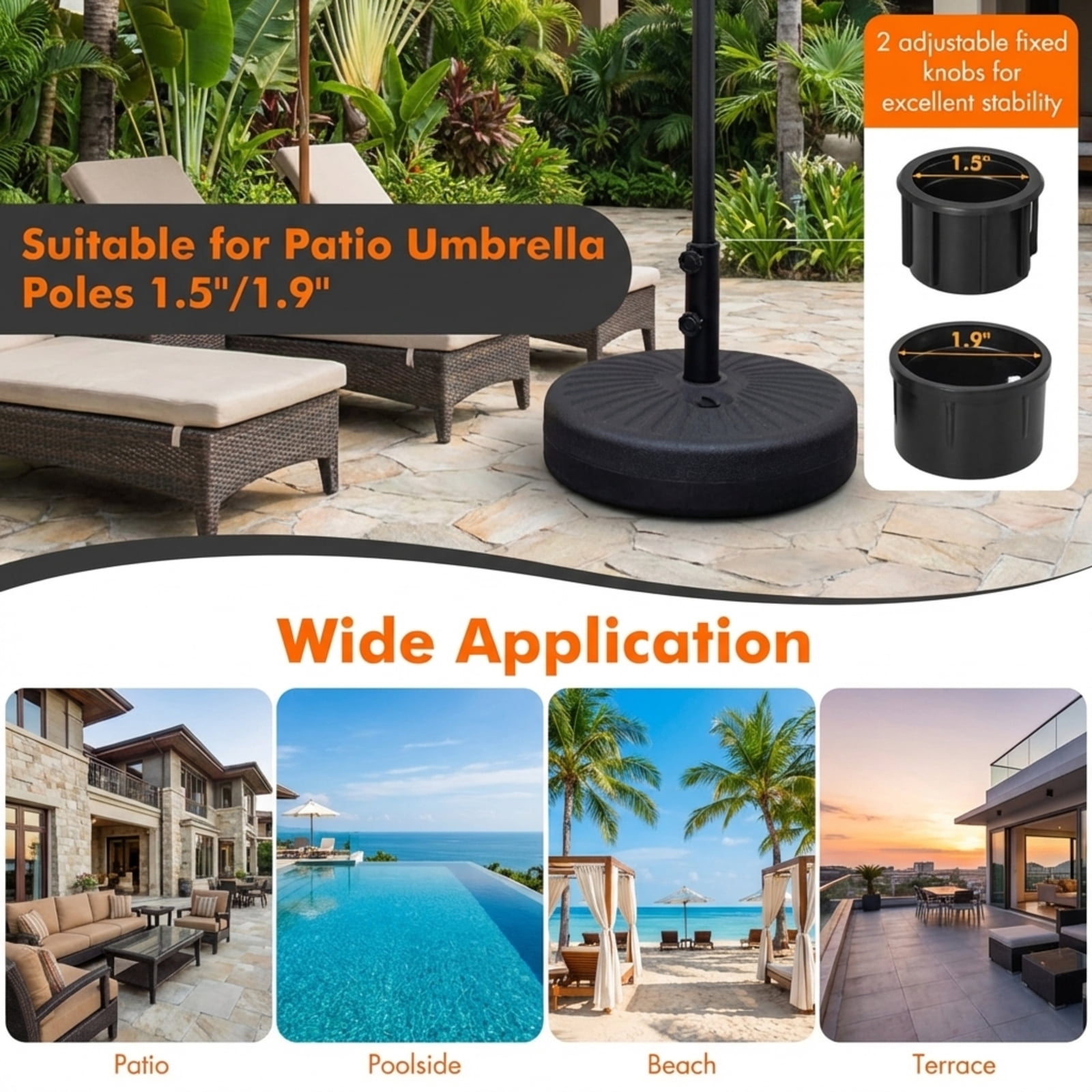 Biotree 19.5 Inch Fillable Round Umbrella Base Stand for Yard Garden Poolside-Black - Heavy Duty Outdoor Patio Stand