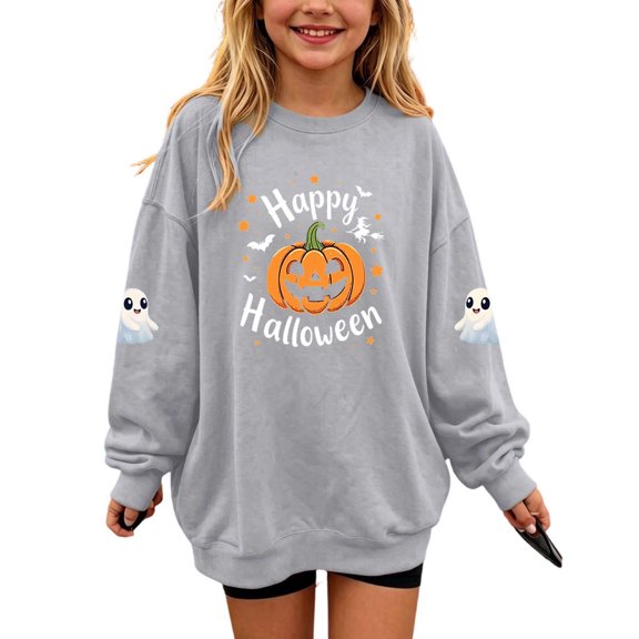 Enjoytime Halloween Girls Sweatshirt Pumpkin Graphic Crew Neck Long Sleeve Pullover Top Cute Fall Fashion Kids Clothes 1-14 Years