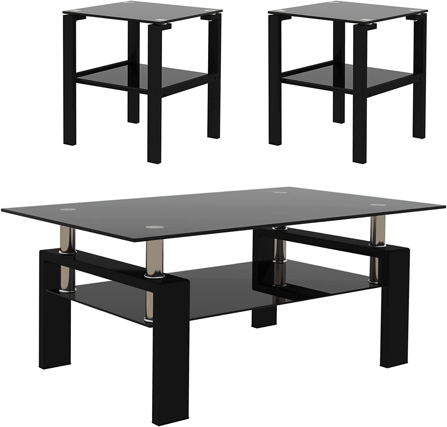 Holaki Glass Coffee Table and End Table Sets, Black Tempered Glass