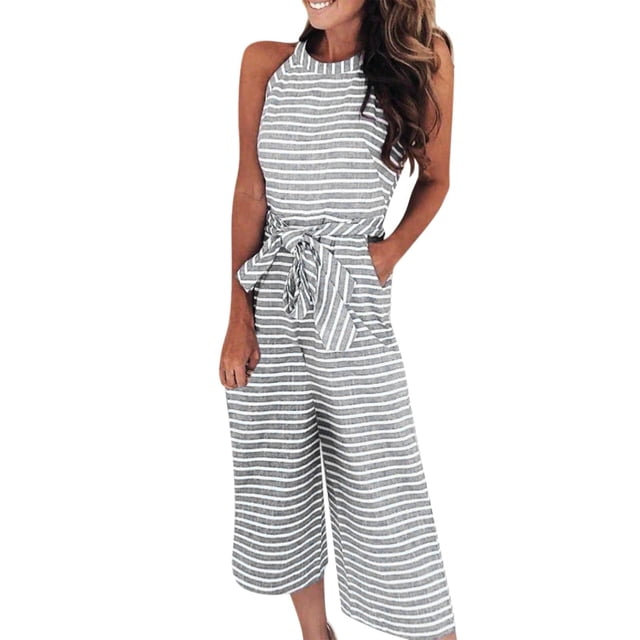 XZNGL Pantalon d'Été pour Femme Mode Pantalon d'Été Décontracté pour Femme à Rayures Imprimées Sans Manches Col Rond à Lacets Pantalon Droit Combinaison Pantalon d'Été pour Femme Pantalon Décontracté pour Femme