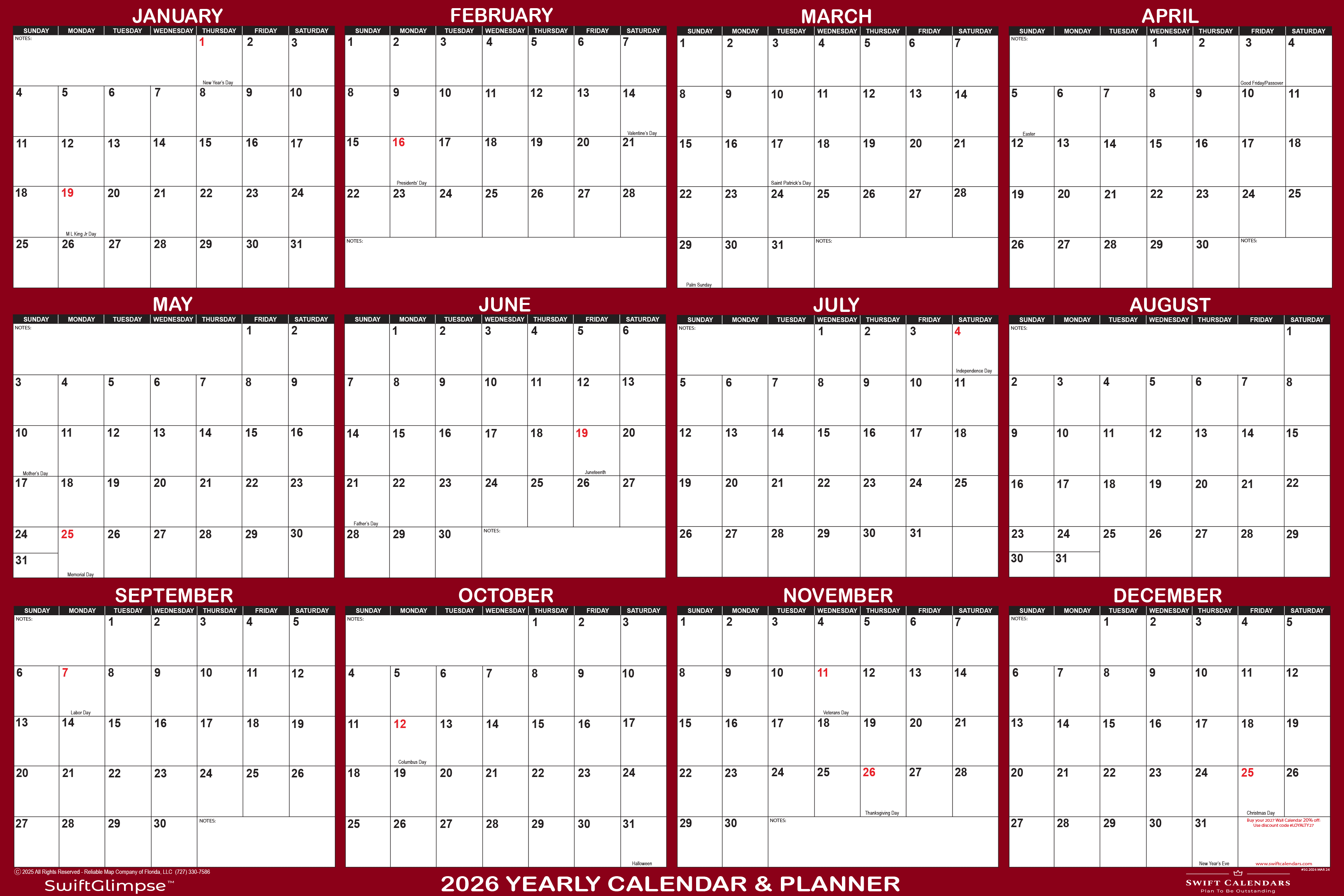 SwiftGlimpse 32" x 48" 2026 Wall Calendar, Erasable, Reversible, Maroon