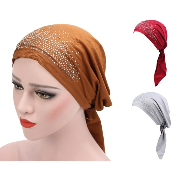 Airvexalon 3 Packed Womens Rhinestone Head Scarf Wrap Chemo Cap Spandex Bandana Du Rag