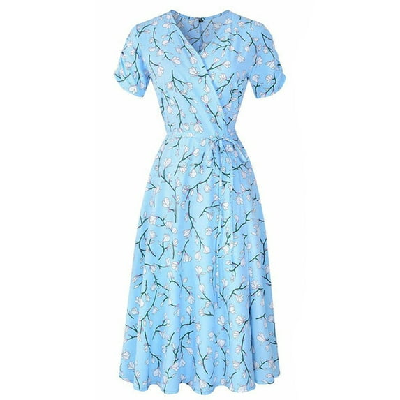 Frontwalk T-shirts Sundress for Womens Floral V Neck Boho Dress Pleated Casual Loose Swing Dress