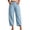 Blue, variant on Womens Solid Color Linen Blend Cropped Capri Pants Elastic Drawstring High Waist Side Decorative Buttons Irregular Split Hem Loose Wide Leg Casual Everyday Trousers