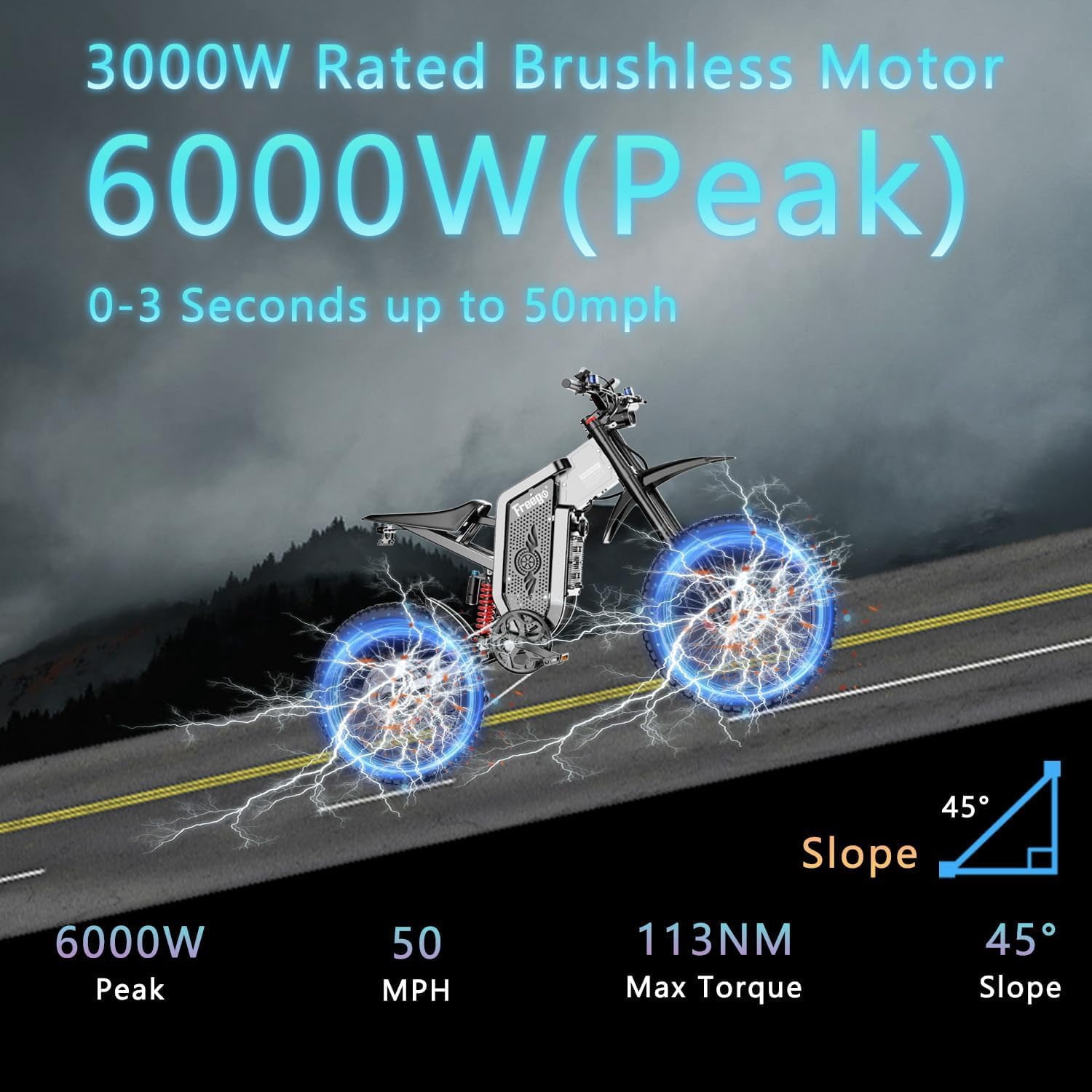 Max Speed 50MPH 19x2.75'' Tire,6000W(Peak) Motor Freego X2 Electric Mountain Bike ,7 Speed Electric Motorcycle for Adults,60V30AH Battery Electric Dirt Bike, Full Suspension Hydraulic Brake UL2849