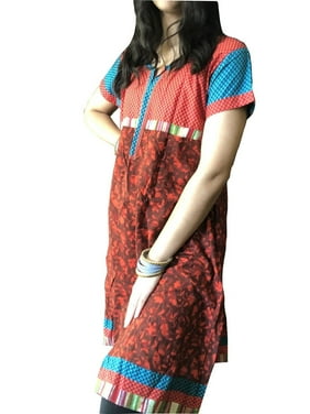 Mogul Women Tunic Dress Red Blue Floral Printed Summer Bohemian Kurti M