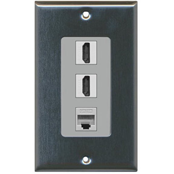 RiteAV - 2 HDMI and 1 Cat5e White Ethernet Port Wall Plate Decorative - Stainless Steel/Gray