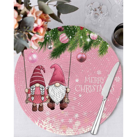 15 Inch Round Placemats Set of 6, Pink Gnomes Christmas Non Slip Heat Insulation PP Table Mats, Xmas Berry Balls Snowflake Washable Place Mats for Kitchen Dining Party Table Decor