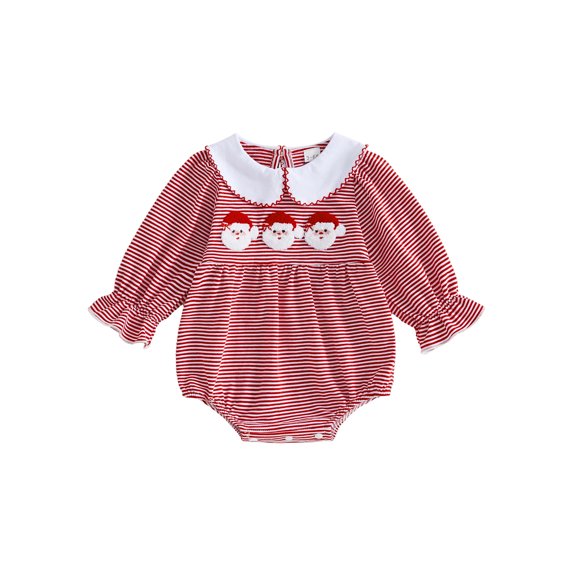 Cjfdfy Newborn Baby Girl Christmas Fall Outfit Christmas Tree Santa Claus Embroidery Bubble Romper Doll Collar Long Sleeve Stripe Jumpsuit Infant Cute Christmas Fall Winter Outfit