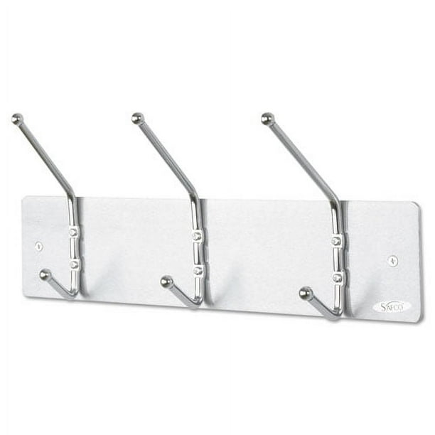 Metal Wall Rack, Three Ball-Tipped Double-Hooks, Metal, 18w x 3.75d x 7h, Satin Metal Wall Rack, Three Ball-Tipped Double-Hooks, Metal, 18w x 3.75d x 7h, Satin