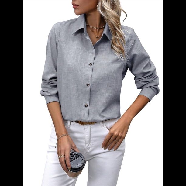 Camisas con Botones para Mujer, Blusas de Larga, Blusas Casuales Lisas para Oficina y Trabajo Gris XL