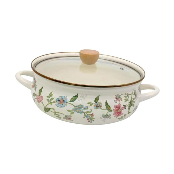 Olla de esmalte con tapa, olla para cocinar a fuego lento, utensilios de cocina vintage con doble asa, para espesar sopa flores
