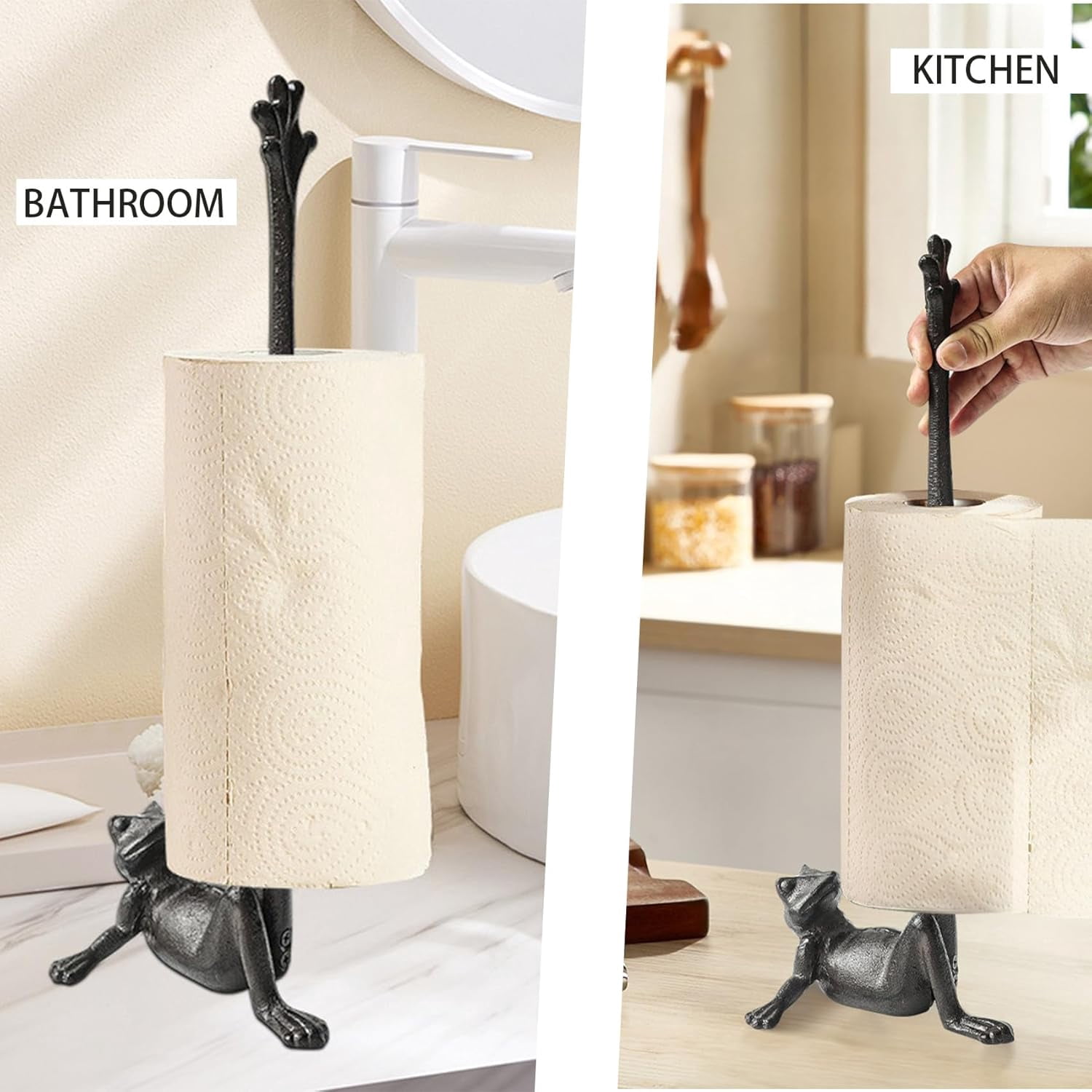 Frog Design Paper Towel Holder Floor Stand, 16.5 Inch Heavy Duty Cast Iron Construction, Vintage Bronze Kitchen Bathroom Decor
