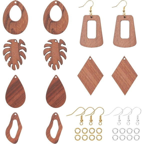 172PCS Wood Earring Pendants Dangle Earring Making Kits 6 Styles with Earring Hooks and Jump Rings for Jewelry DIY Making