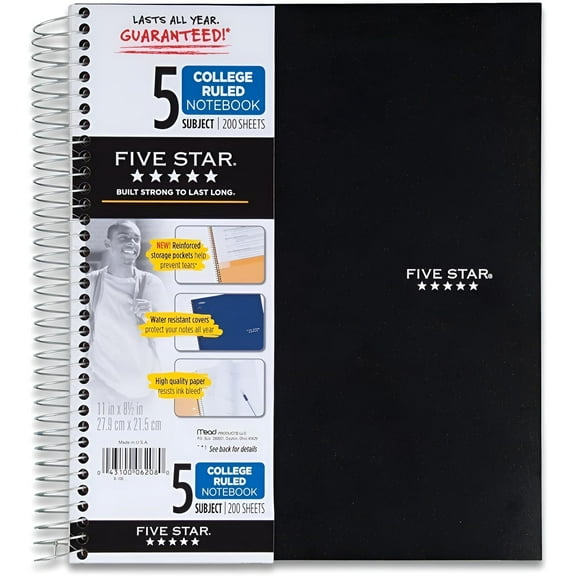 Five Star Spiral Notebook Study App, 5 Subject, College Ruled Paper, 11" X 8-1/2", 200 Sheets, Black, 1 Count (72081)