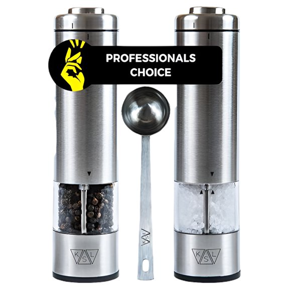 Ksl Electric Salt and Pepper Grinder Set Battery Operated Auto Mill, Stainless Steel Automatic Shaker with Light