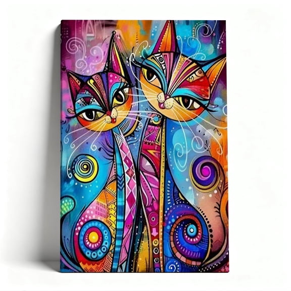 Colorful Abstract Cats Canvas Wall Art, Whimsical Pop Art Decor, Vibrant Feline Artwork for Living Room, Ready to Hang