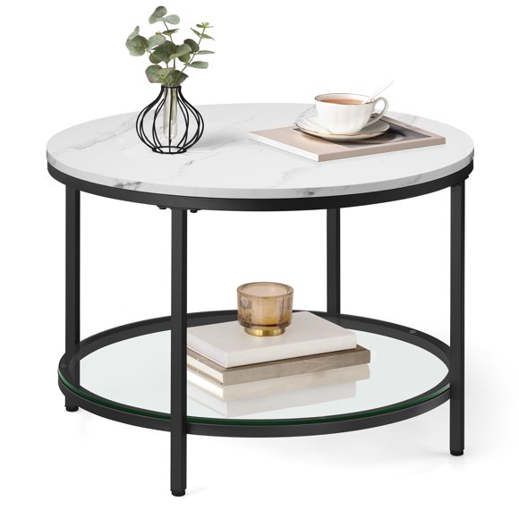 VASAGLE Round Coffee Table, 2-Tier Small Coffee Table with Faux Marble Top and Glass Shelf, Modern Style, for Living Room, 25.6 x 25.6 x 18.1 Inches, Marble White and Ink Black