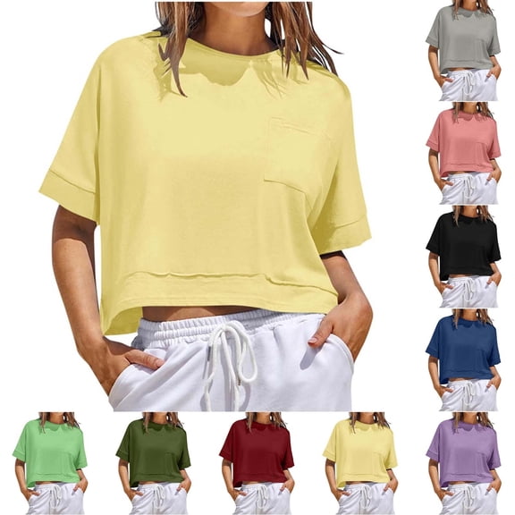YHAJDS Blouses for Women Sporty Cropped Casual Solid Color Short Sleeve Round Neck Pocket Cropped Top