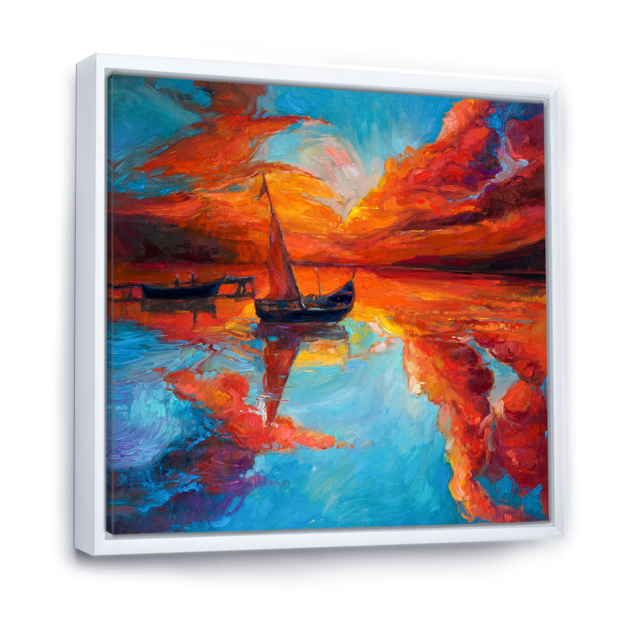 Little Boat During Warm Deep Red Evening Glow 36 in x 36 in Framed Painting Canvas Art Print, by Designart