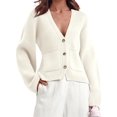 thumbnail image 2 of Women's Deep V Neck Cardigan Sweater Button Front Long Sleeve Short Knitted Jacket with Pockets, 2 of 5