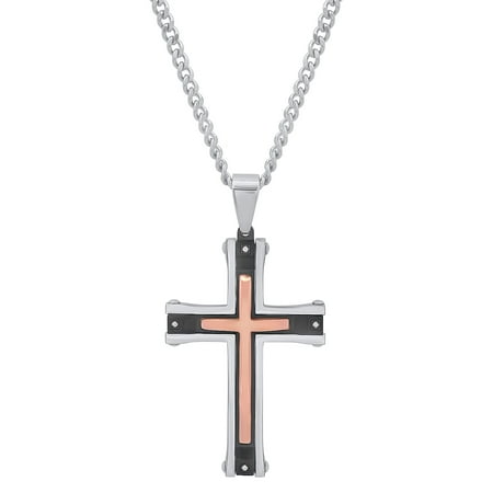 MenÃƒÂ¢ s Black and Rose Gold IP Stainless Steel Diamond Accent Cross with 24ÃƒÂ¢ Curb Chain - Mens Pendant