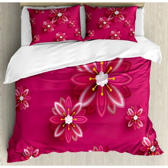 Floral Duvet Cover Set, Sakura Tree Flowers Ornament Design Traditional Spring Seasonal Pattern, Decorative 3 Piece Bedding Set with 2 Pillow Shams, King Size, Pink, by Ambesonne