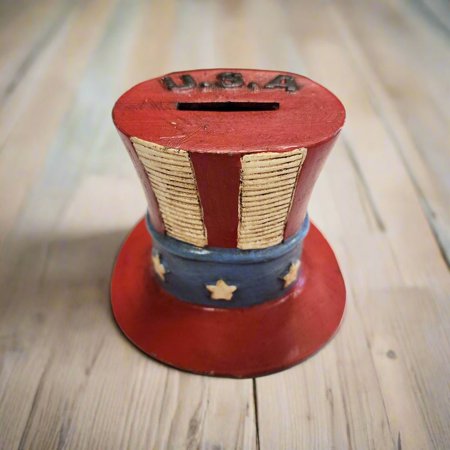 USA Hat Cast Iron Coin Bank With Painted Antique Finish (4.5" x 4.5" x 4")