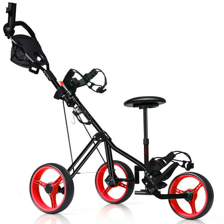 Foldable 3 Wheel Push Pull Golf Club Cart Trolley w/Seat Scoreboard Bag (Best Push Cart Bag)