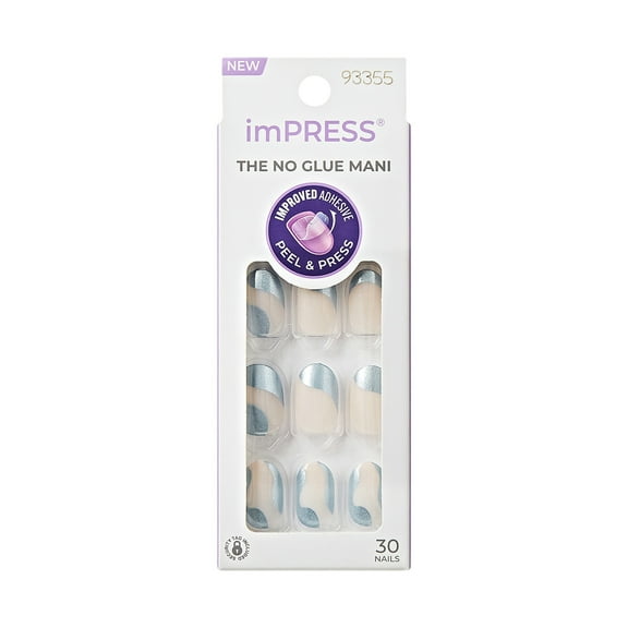 KISS imPRESS Design  Press on Nails, Slip Dress, Blue, Short Oval, 30 Count