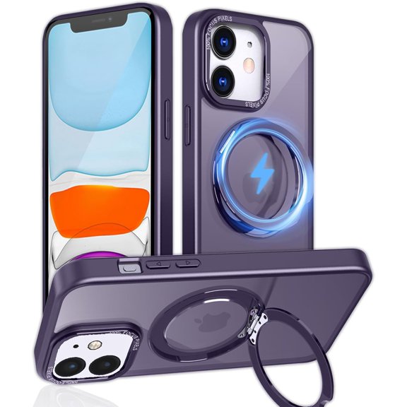 for iPhone 11 Case, 360° Rotatable Magnetic Ring Stand, Compatible with MagSafe, Military Grade Protection Shockproof Slim Translucent Matte Back Phone Cover, Purple