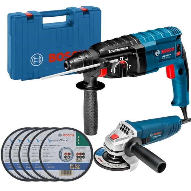 Rotomartillo Bosch 800w Sds Plus + Miniesmeril 800w+ Discos azul acero Estándar