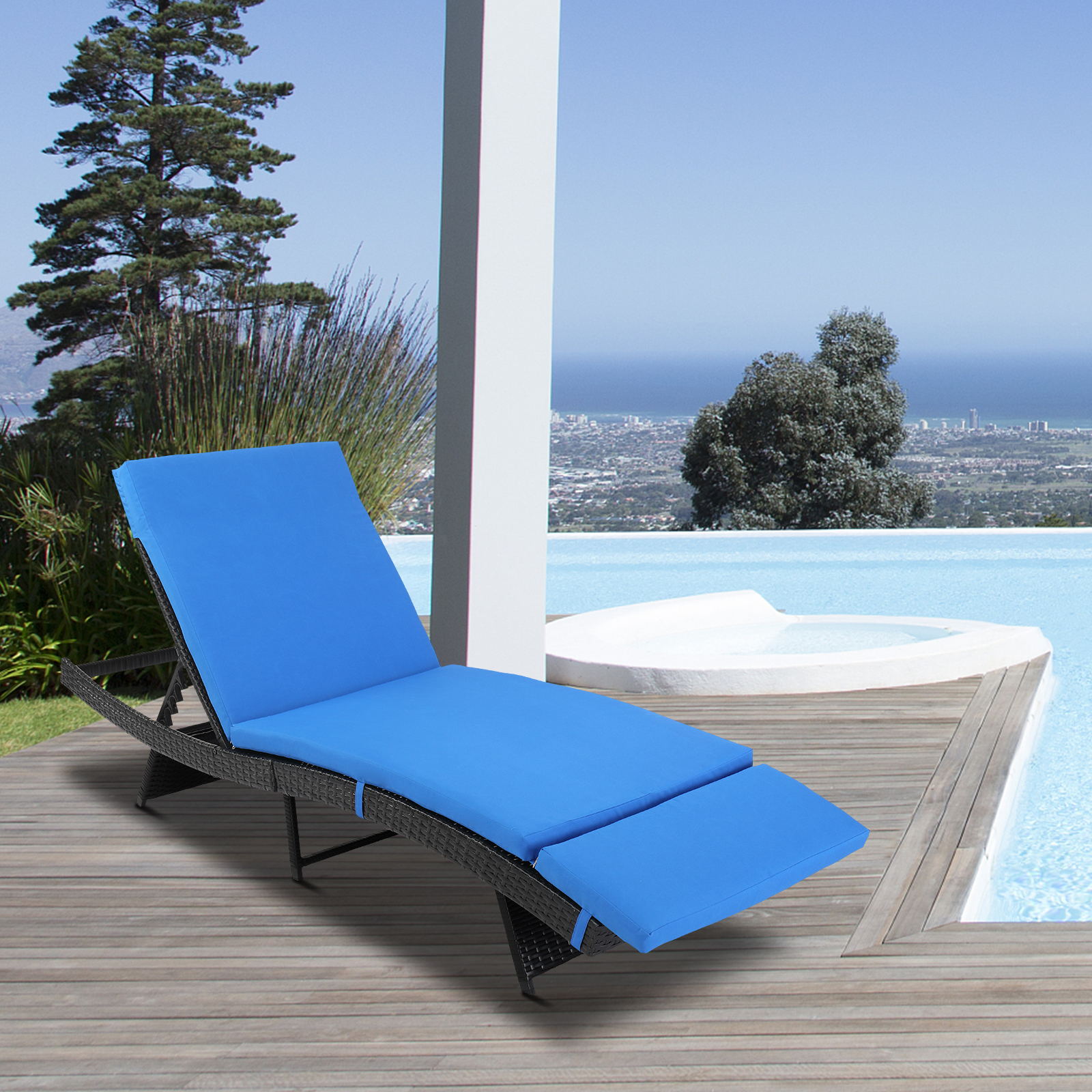 Seizeen Chaise Lounge Outdoor, Patio Rattan Lounge Chair 6-Position Adjustable, Poolside Sun Recliner Cushioned, Blue Cushions - image 2 of 11