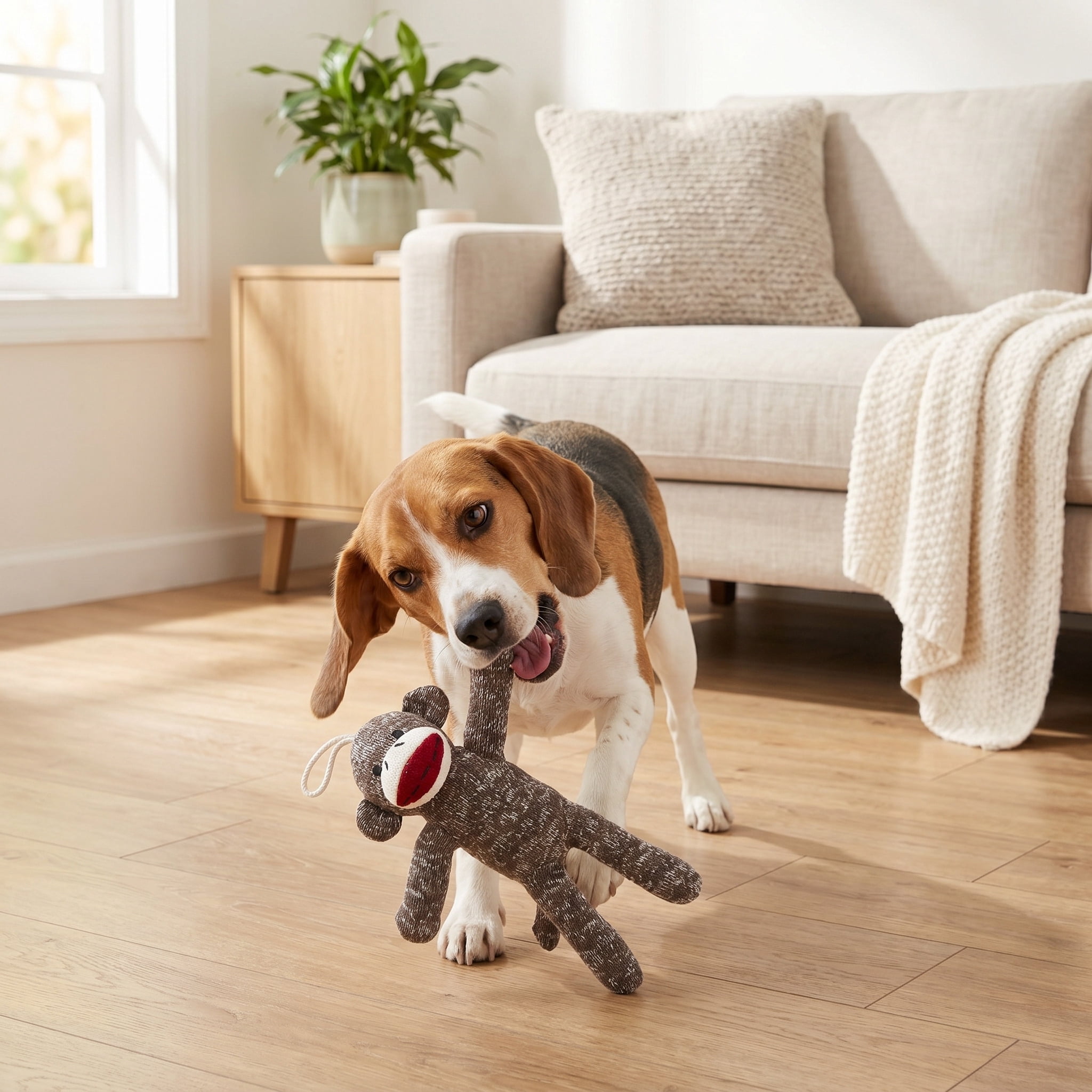 (2 pack) Vibrant Life Brown Sock Monkey Plush Dog Toy with Squeaker, Chew Level 1