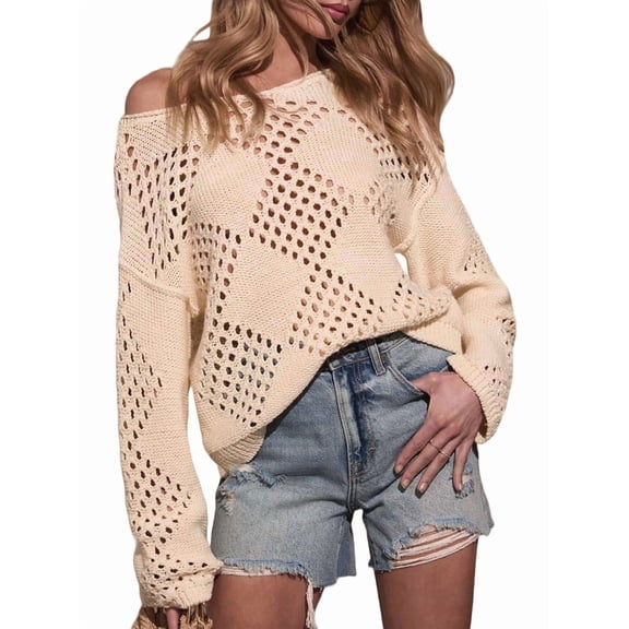 Women'S Crochet Off the Shoulder Hollow Out Knit Tops V Neck Long Sleeve Sweater Top Apricot M