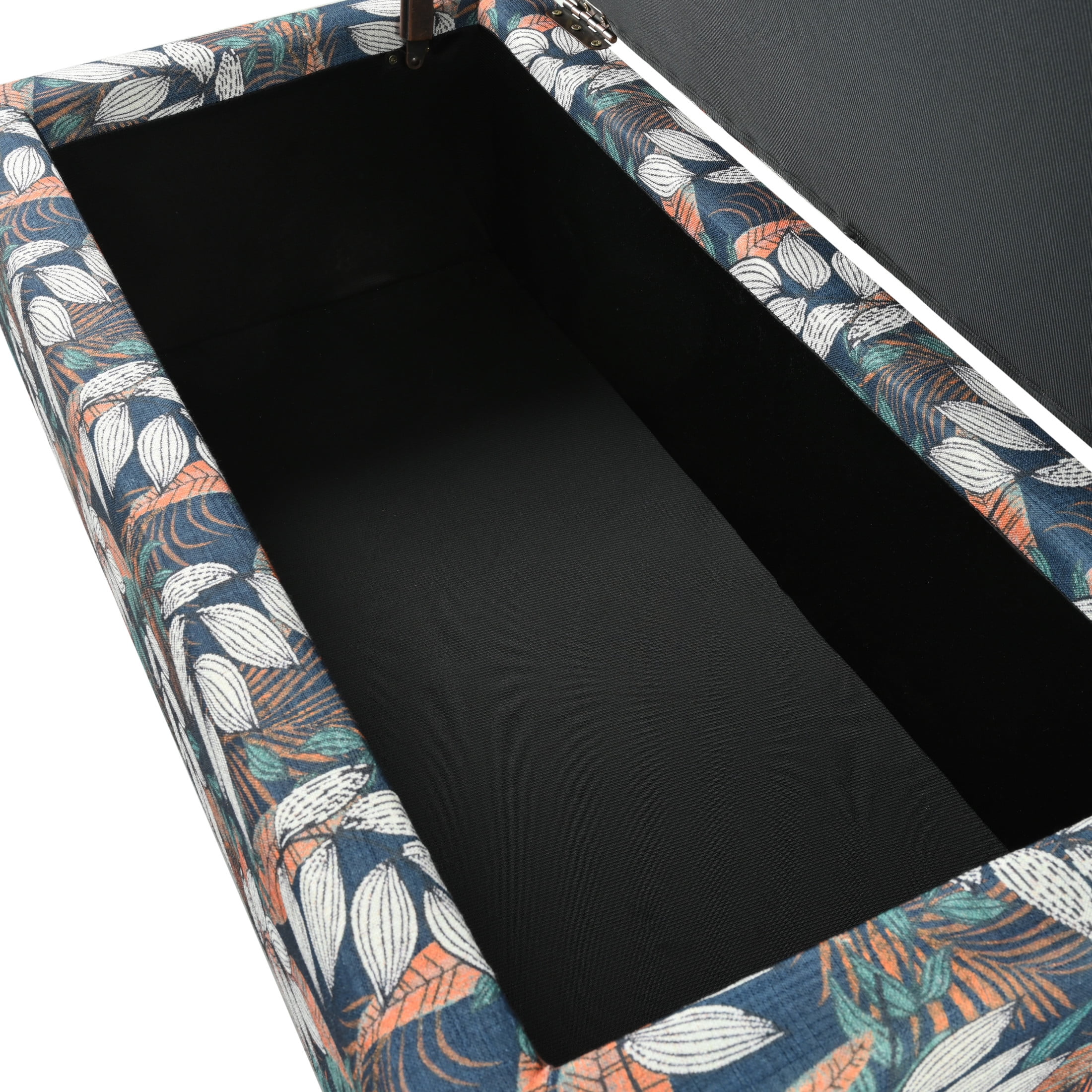 Cruz Contemporary Upholstered Storage Ottoman with Soft Pressure Hinges, Floral Pattern, Orange+White
