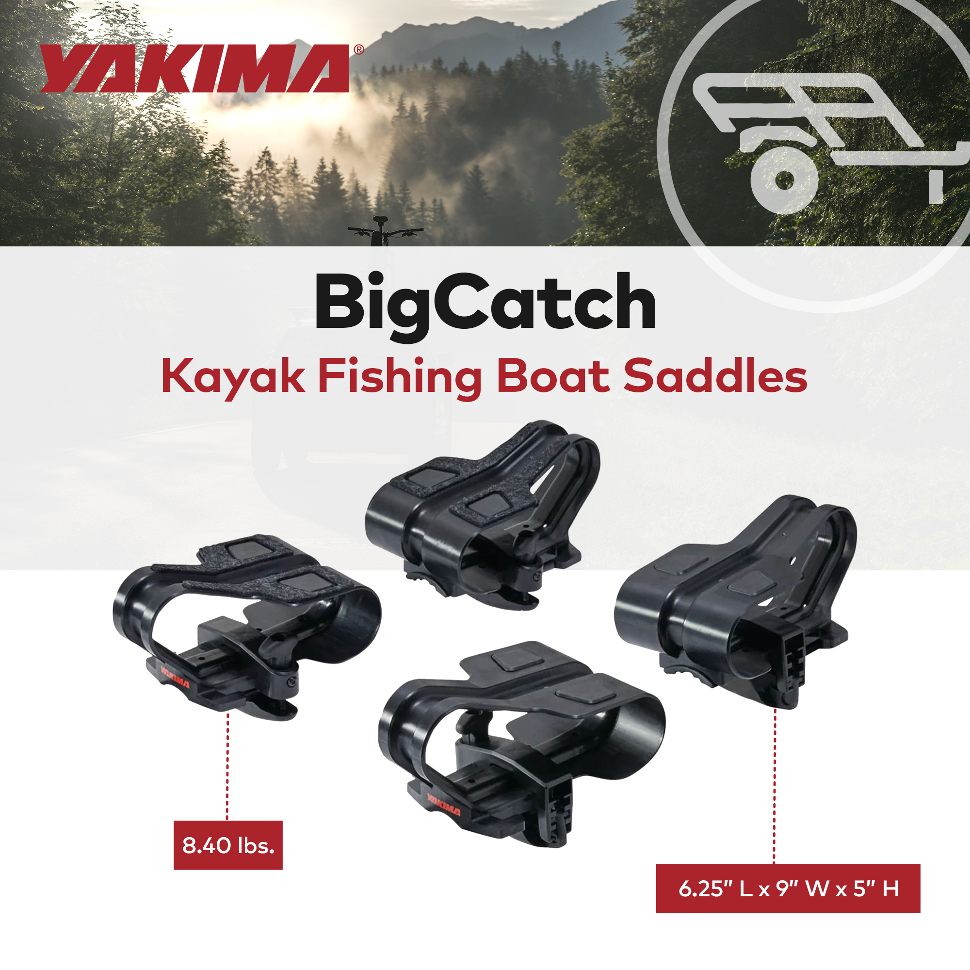 Yakima BigCatch Kayak Fishing Boat Saddles for Roof Racks and Trailers, Black