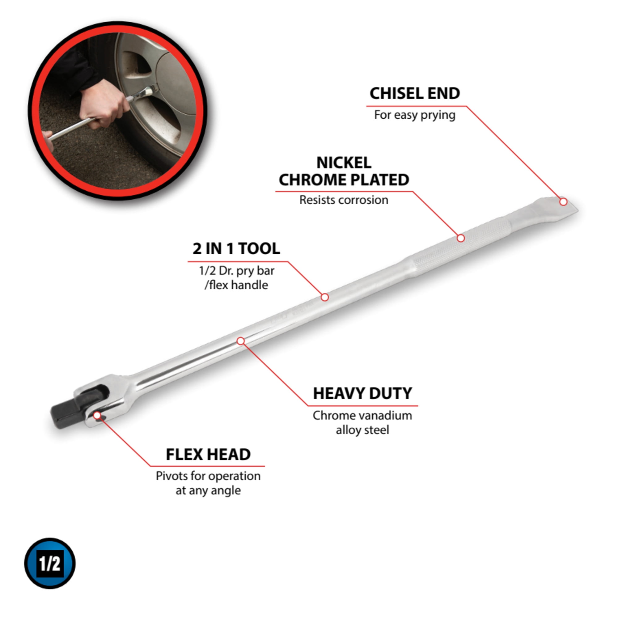 Performance Tool W32127 1/2-in Drive Pry Bar/Flex Handle Home Improvement Hand Tool, Silver, 18-Inches