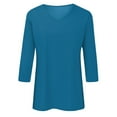 thumbnail image 3 of TQWQT Summer Savings Women's Solid T-shirt Mid-length 3/4 Sleeves Blouse V-Neck Casual Tops Blue S, 3 of 4