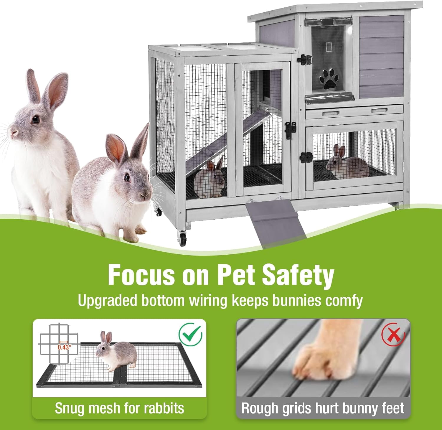 Aivituvin Rabbit Hutch, Indoor Bunny Cage with Run Outdoor Rabbit House with Two Deeper No Leak Trays Light Gray