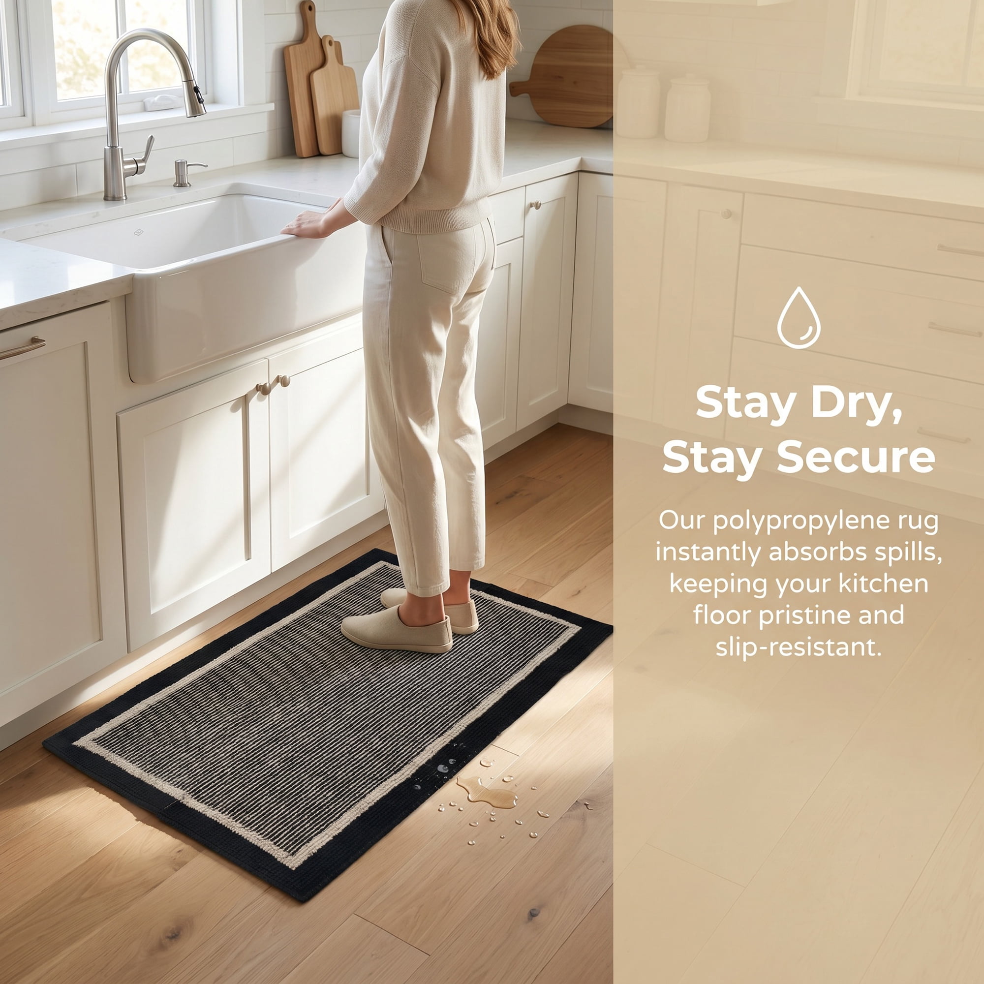 Unique Bargains Striped Polypropylene Non-Slip Absorbent Kitchen Rug Black 35" x 24"
